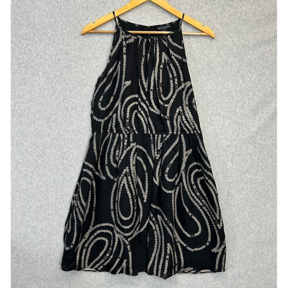 Banana Republic 4 Petite Silk Halter Dress Black Sequin Print Old Money Neutral